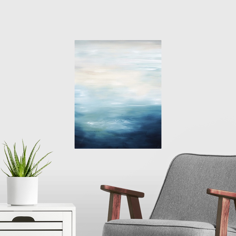 A modern room featuring Seascape painting with open waters in shades of blue and neutral tones.