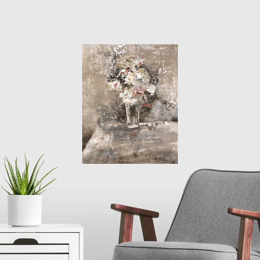 A modern room featuring Contemporary painting of a vase with flowers on a table with neutral tones and pops of pink and y...