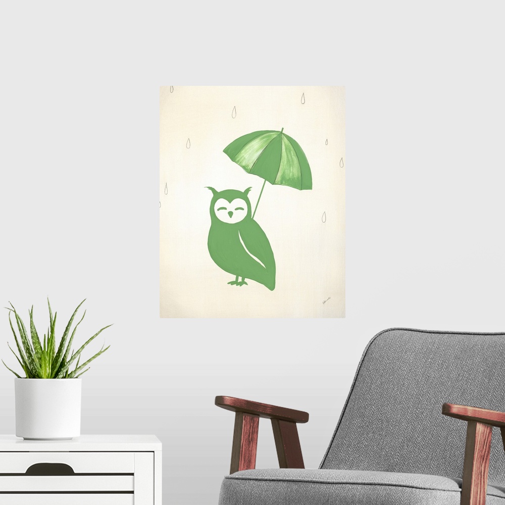 A modern room featuring Green owl holding a green striped umbrella and graphite draw rain drops falling from the top of t...
