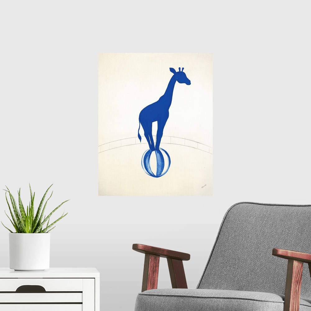 A modern room featuring Blue silhouette of a giraffe balancing on a striped ball in a graphite drawn ring.