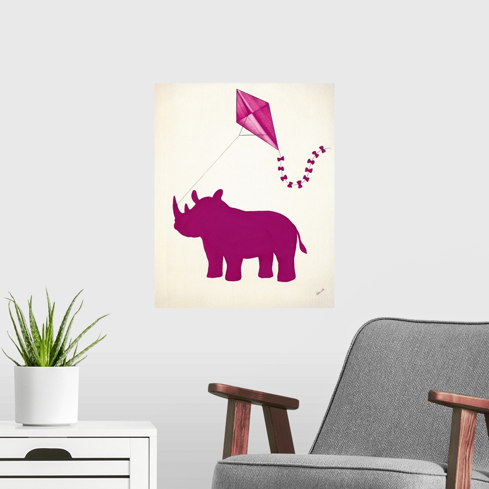 A modern room featuring Pink silhouetted rhinoceros holding a pink kite with its tusk.