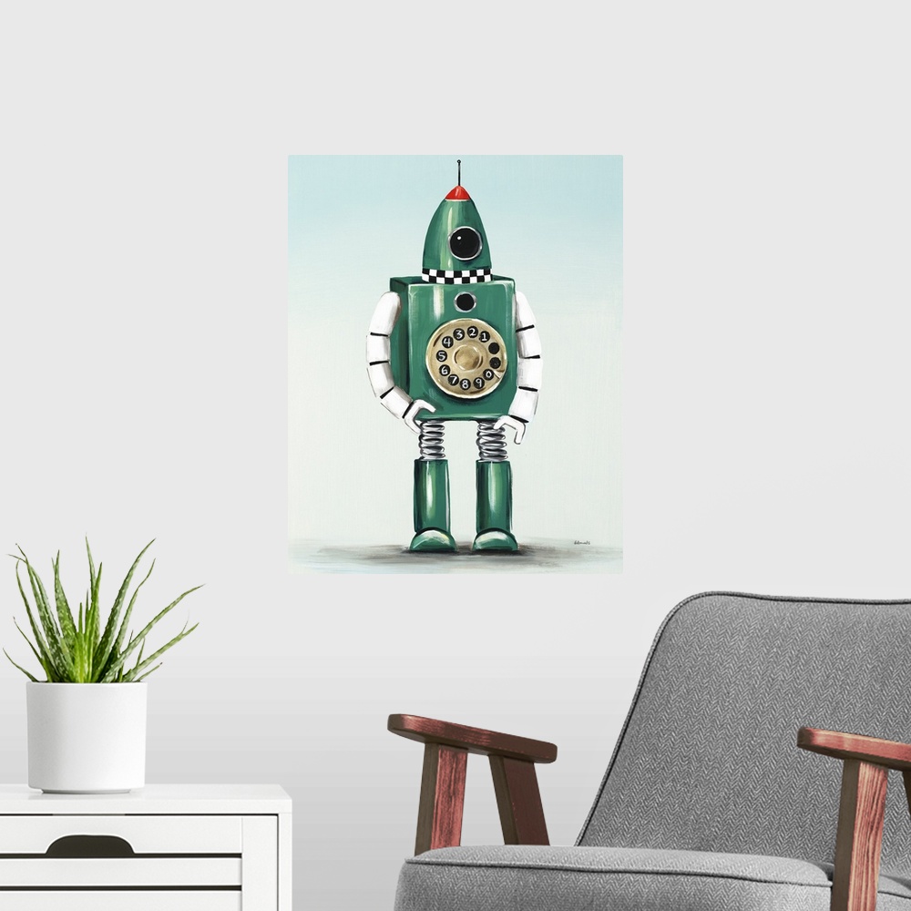 A modern room featuring Contemporary painting of a green robot with an old fashioned phone dial on its middle section.
