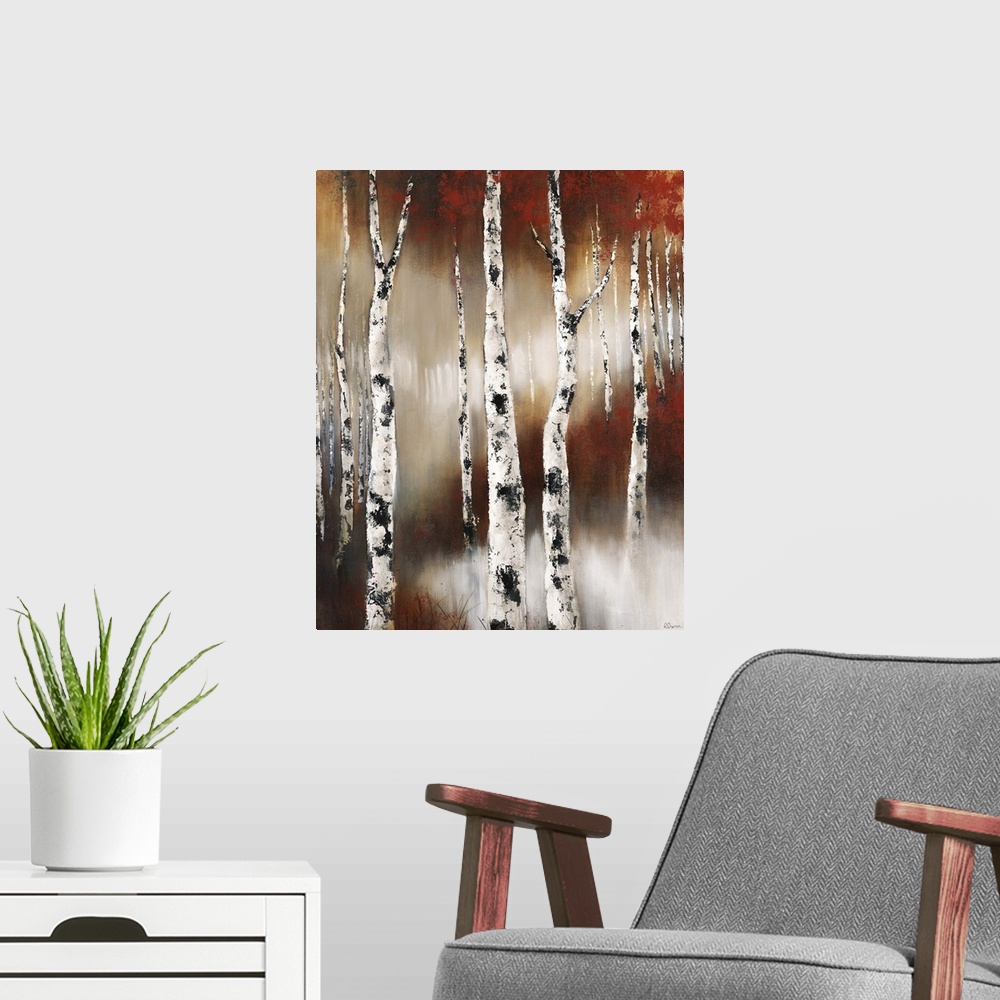 A modern room featuring Contemporary painting of birch trees in a forest in the fall.