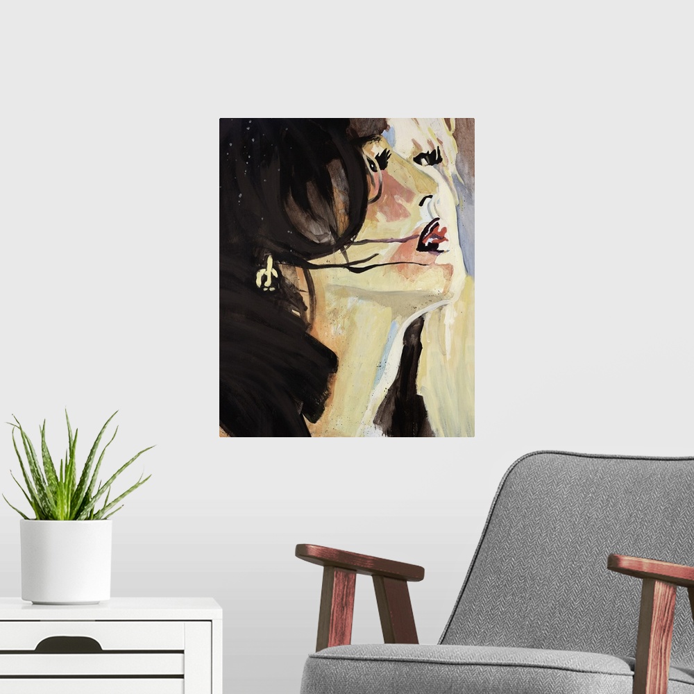 A modern room featuring This contemporary artwork is a portrait of a woman drawn with dark hair and heavy make up on her ...