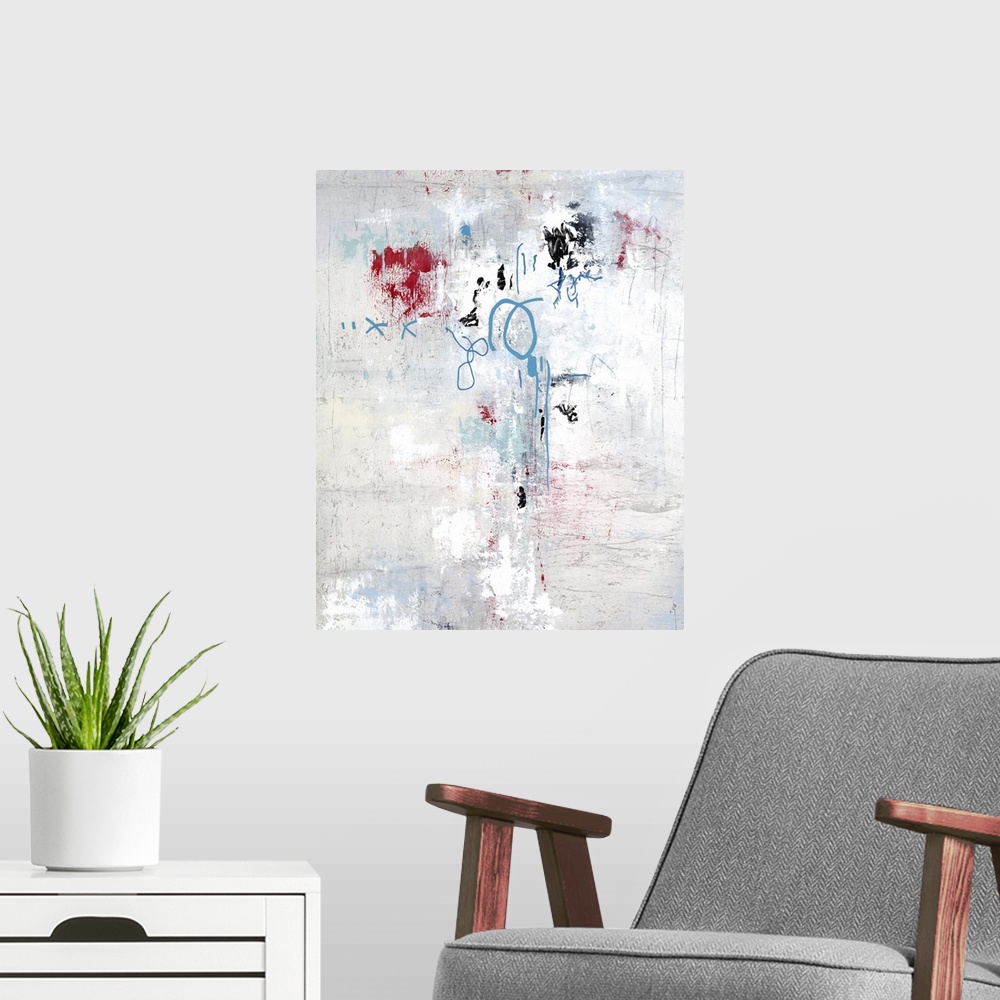 A modern room featuring Textured abstract painting with blue and red details.
