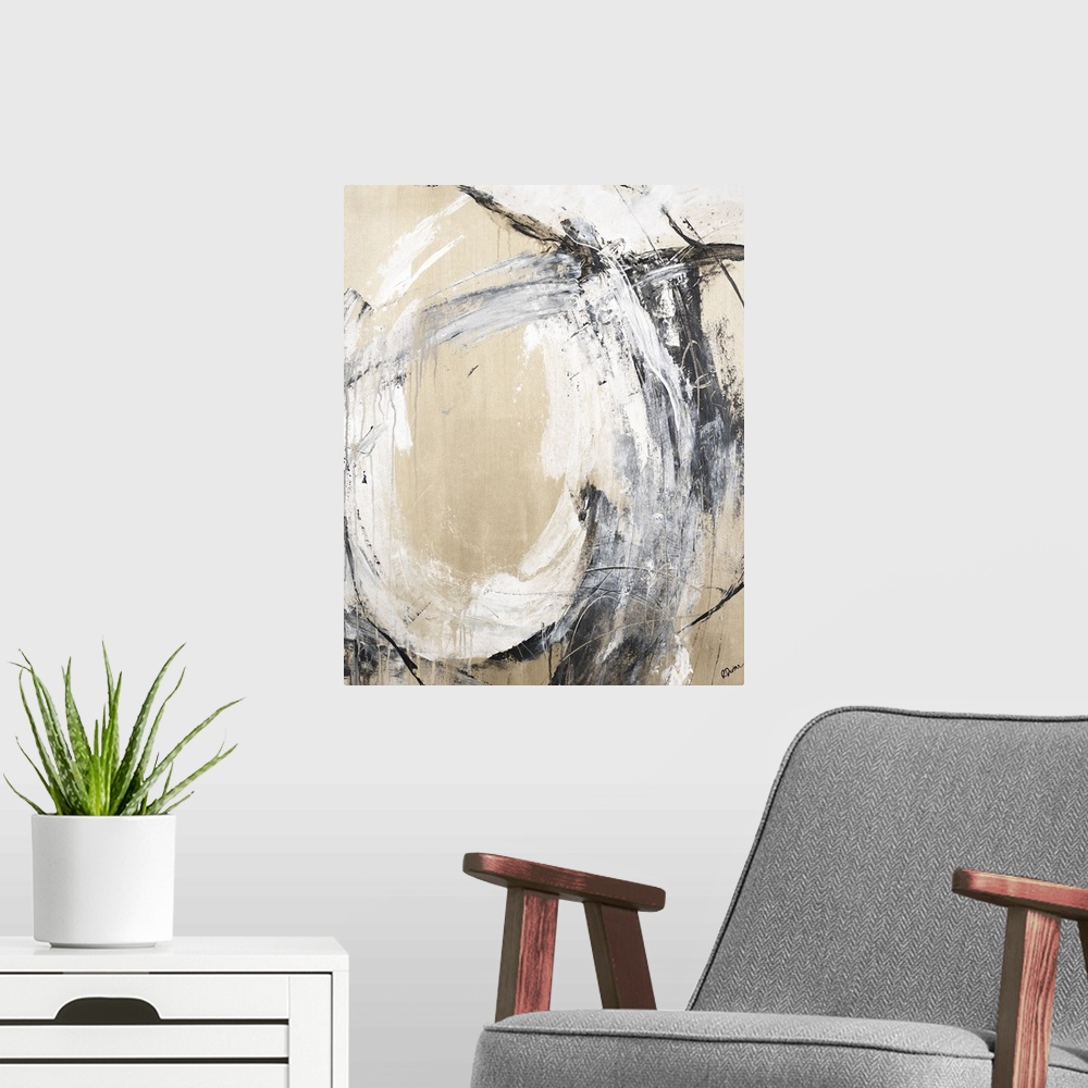 A modern room featuring Contemporary abstract painting with a bold black and white loopy brushstroke on a gold background.
