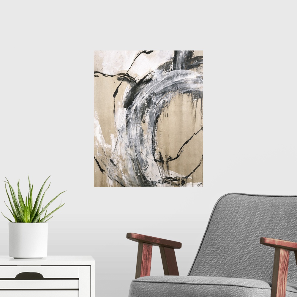 A modern room featuring Large abstract painting with black and white thick, looped brushstrokes on a gold background.
