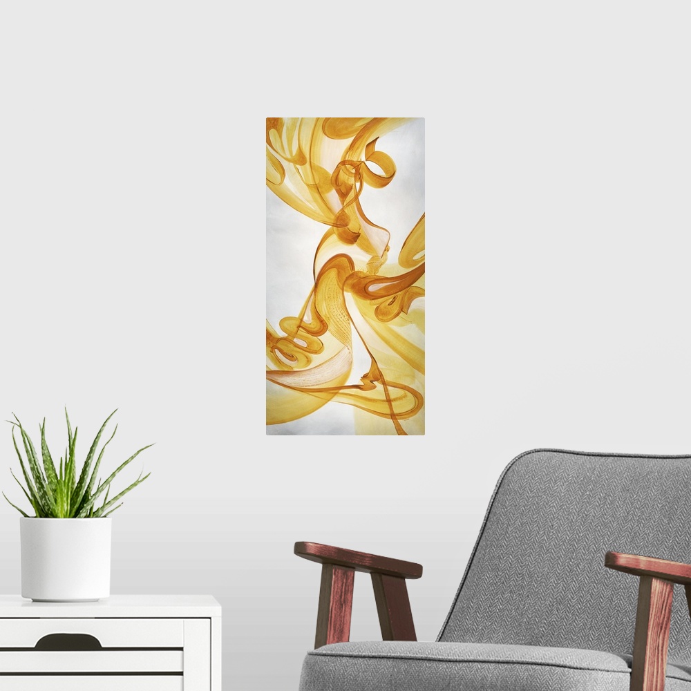 A modern room featuring Abstract painting using vibrant yellow tones in swirling motions that look like smoke flowing gen...