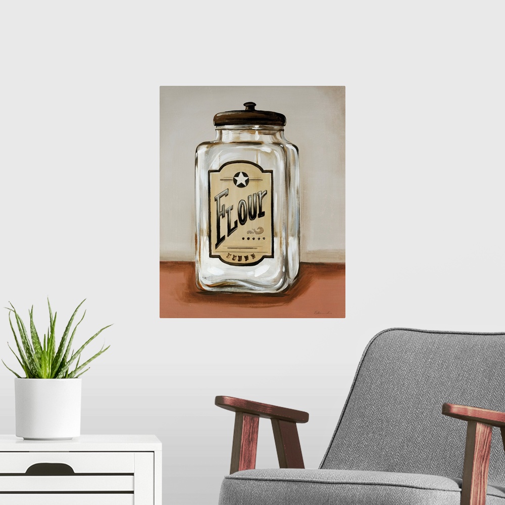 A modern room featuring Painting of a partially full clear glass storage jar with a vintage flour label on the front, sit...