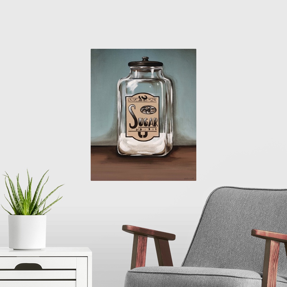 A modern room featuring Contemporary painting of a glass jar with sugar in it sitting on a table surface.