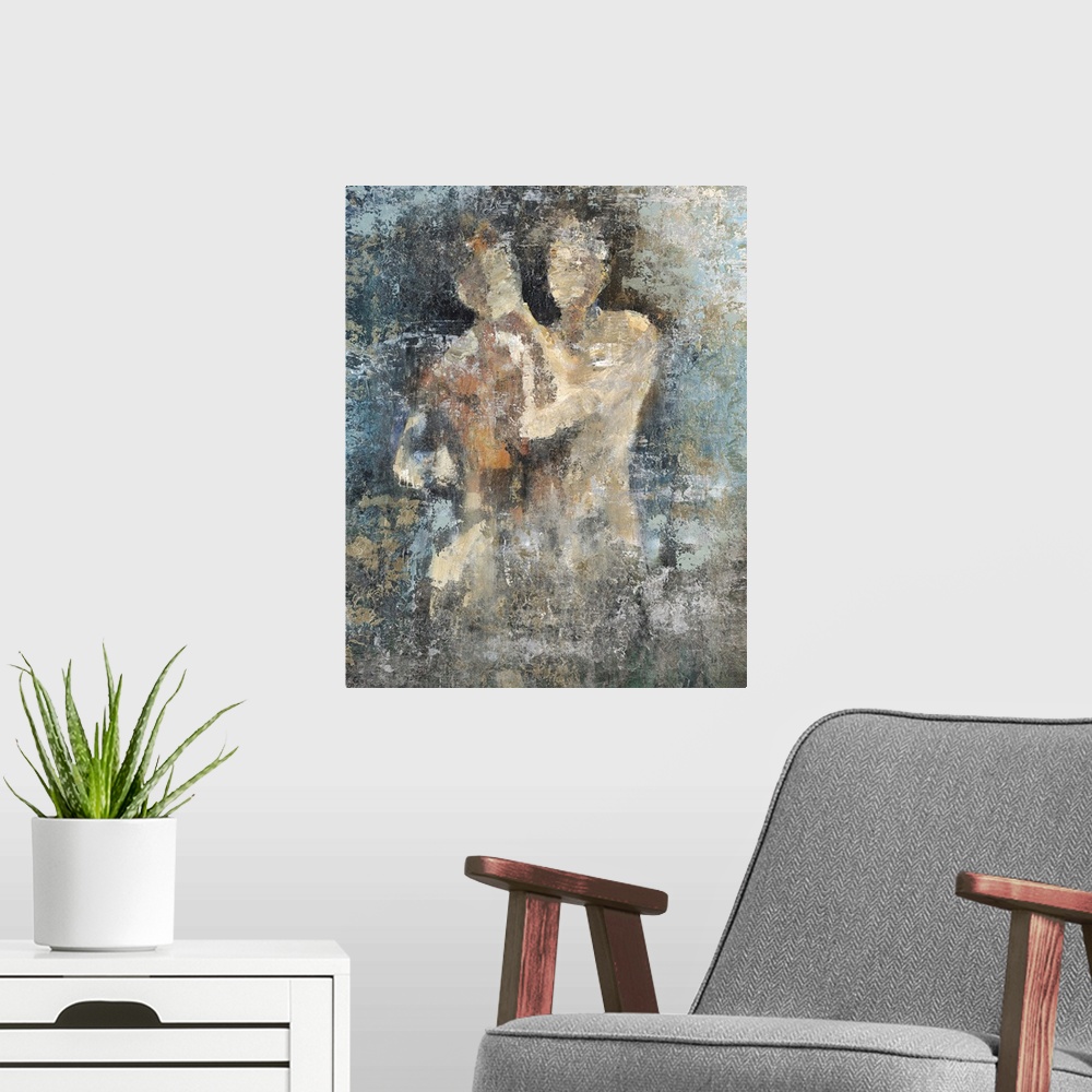 A modern room featuring Contemporary abstract painting of two figures holding each other nude with textured paint surroun...