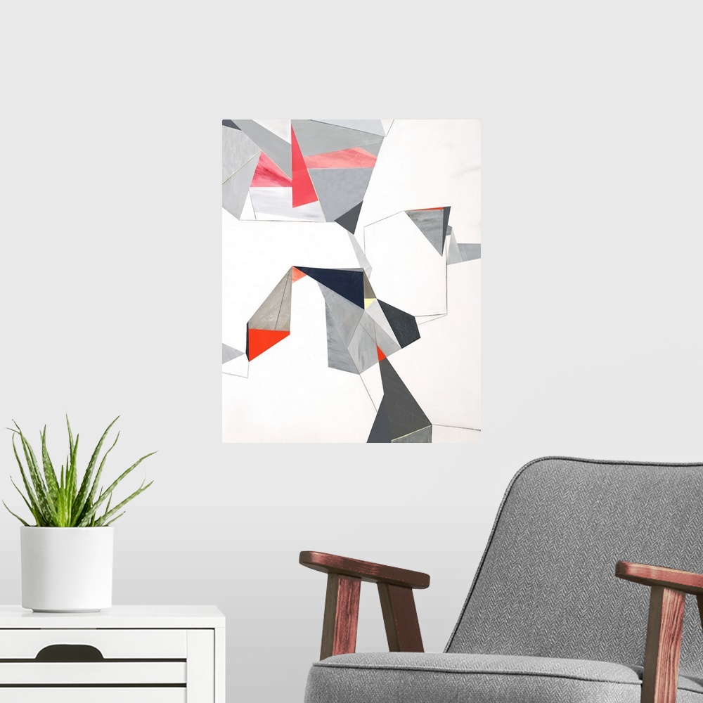 A modern room featuring Geometric abstract painting with triangular shapes creating lines and movement throughout.