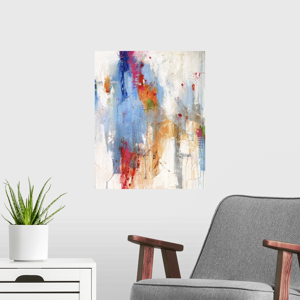 A modern room featuring Contemporary abstract painting using bright colors.