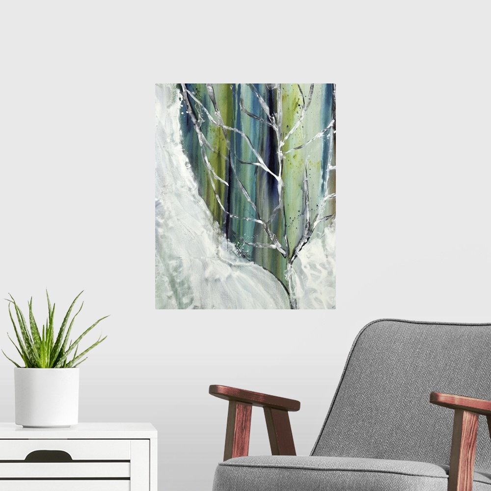 A modern room featuring Abstract painting with a frozen tree branch in the foreground with white sides and a green, brown...