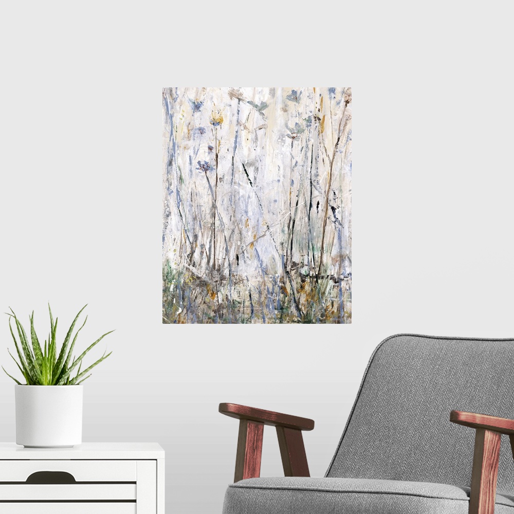 A modern room featuring Contemporary abstract painting with long, thin, brown, blue, emerald green, and gold brushstrokes...