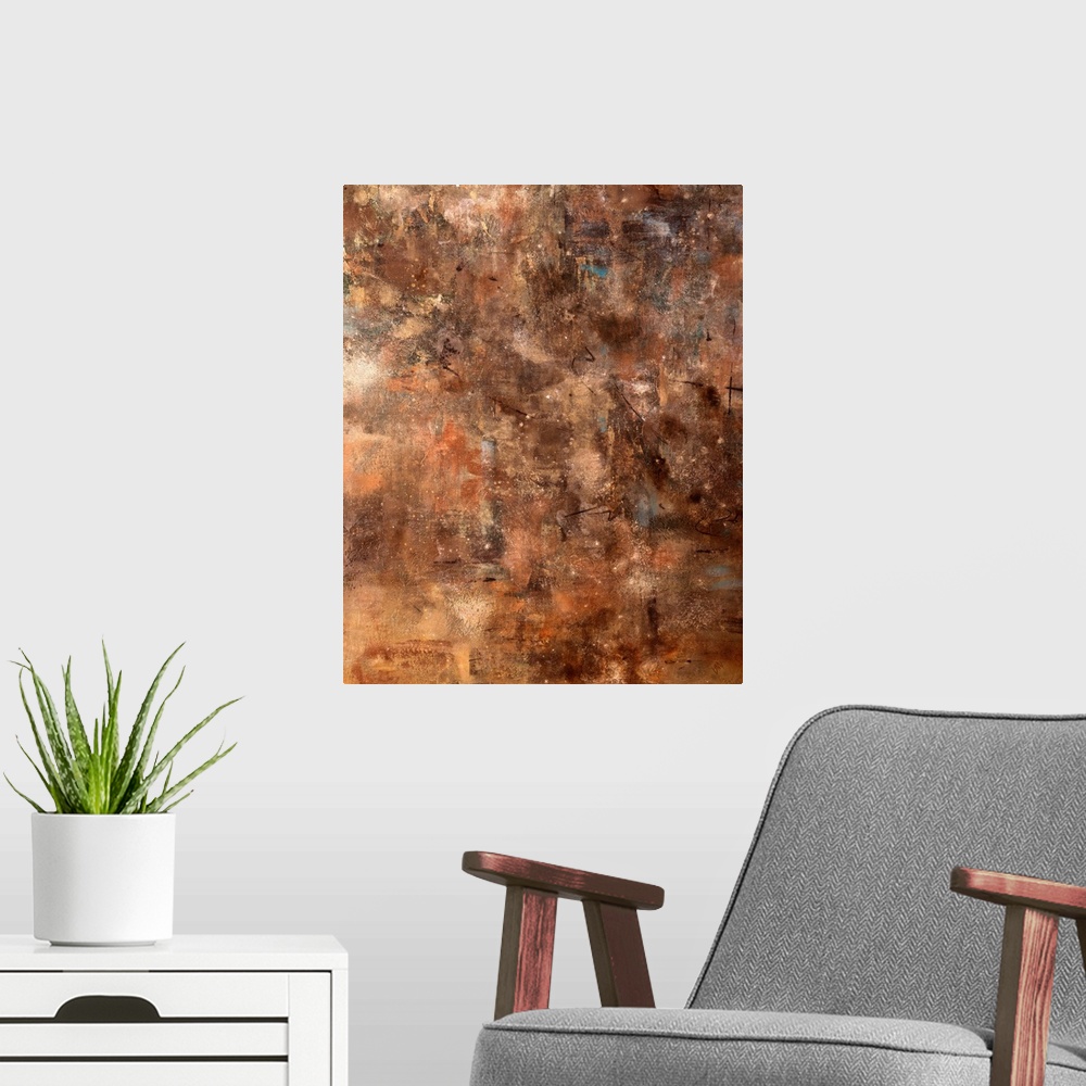 A modern room featuring Vertical, large abstract painting in varying earth tones that are randomly brushed together, with...
