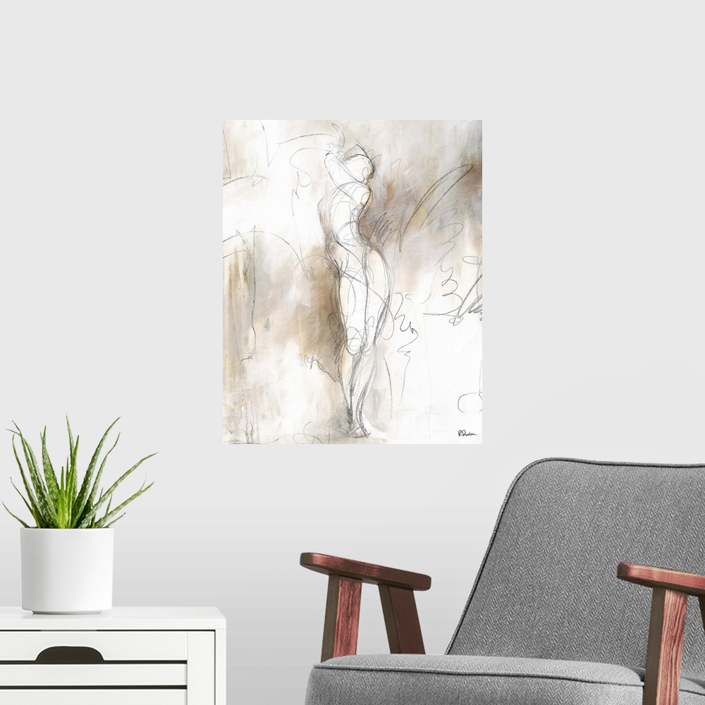 A modern room featuring Contemporary abstract painting using neutral tones surrounding a sketch lined female form.