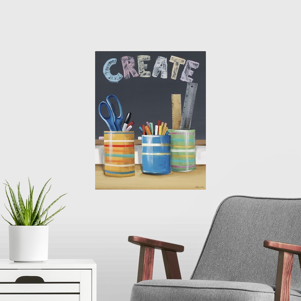 A modern room featuring Contemporary painting of jars holding office supplies.