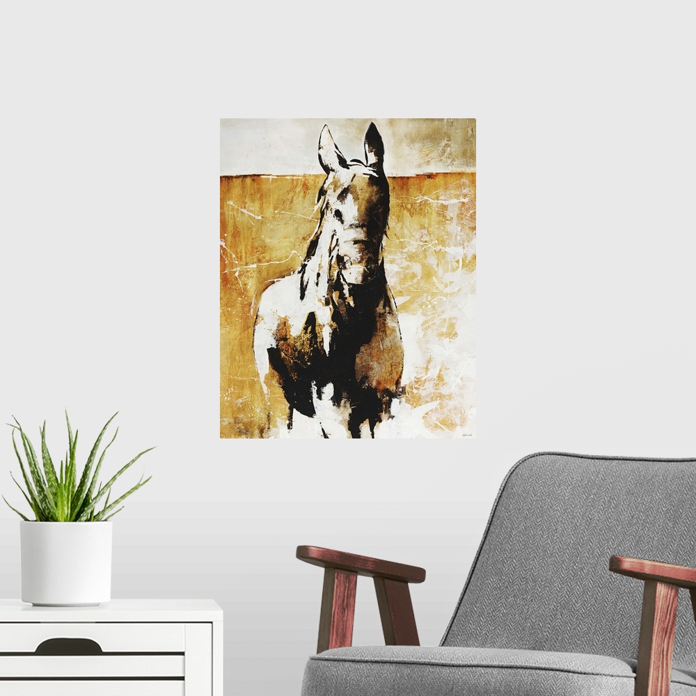 A modern room featuring Abstractly painted horse on top of a grungy background.