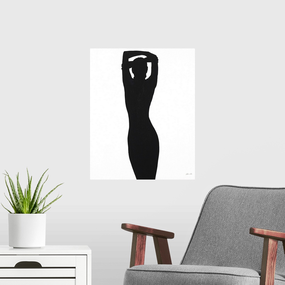 A modern room featuring Contemporary painting of a silhouetted female form.