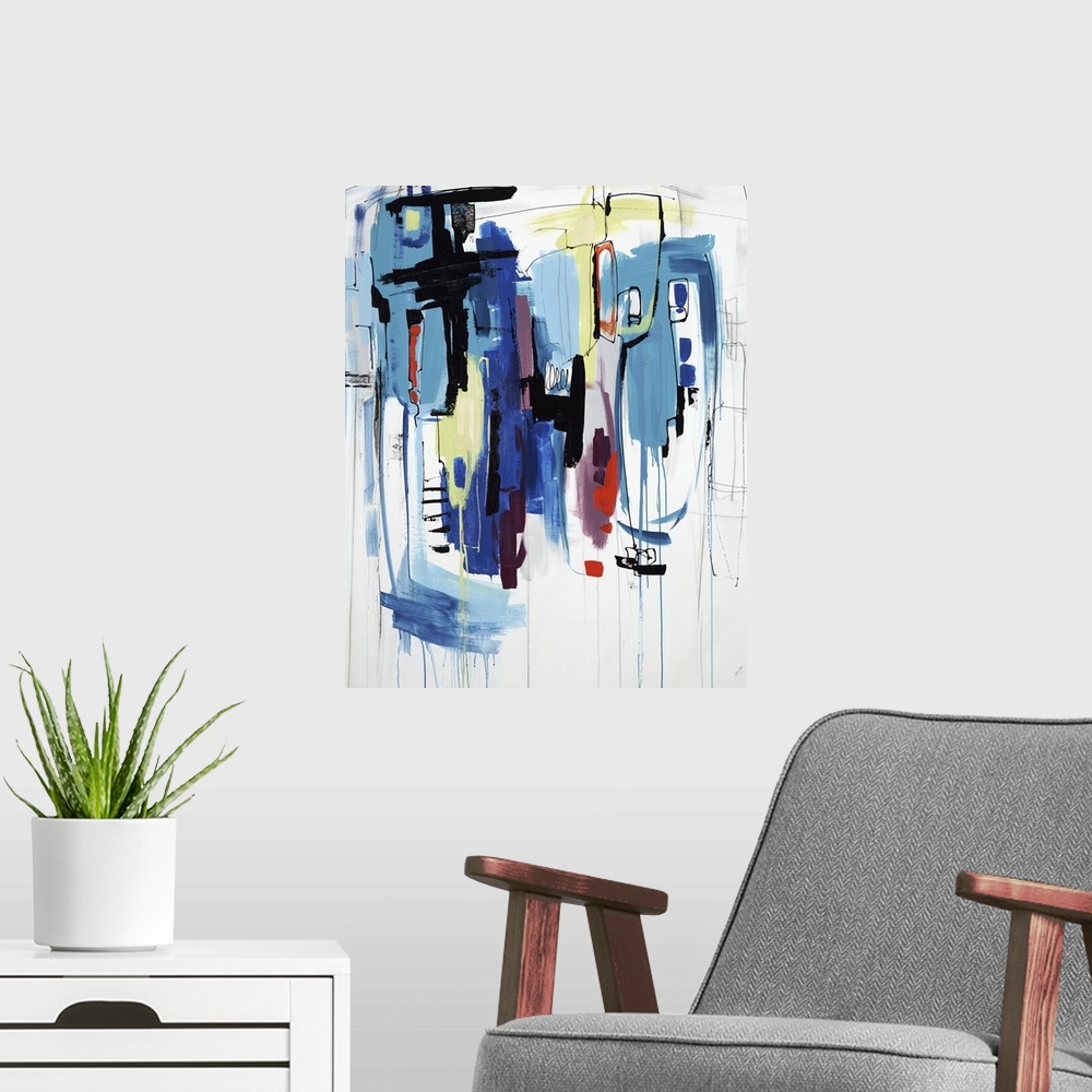 A modern room featuring Abstract painting of lines and blotches of various colors on a white canvas.