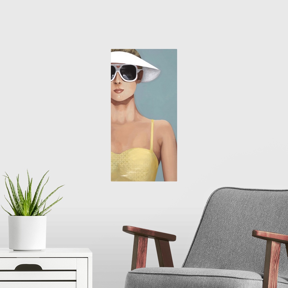 A modern room featuring Contemporary artwork of a woman in a yellow bathing suit and large sunglasses.
