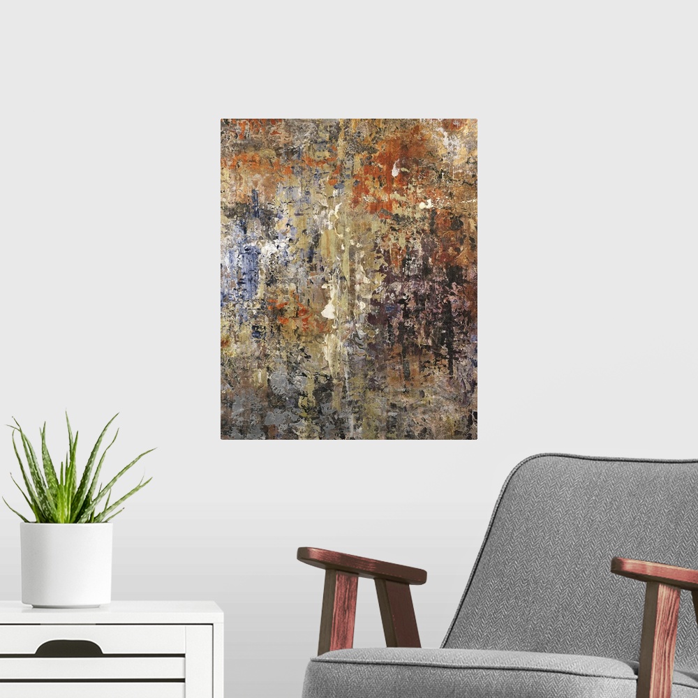 A modern room featuring Abstract contemporary artwork in rusty orange and browns.