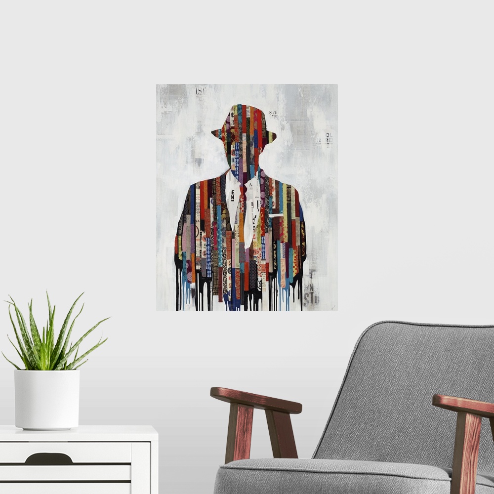 A modern room featuring Contemporary art of a bust of a man in a jacket, tie and hat, his figure a collaged collection of...