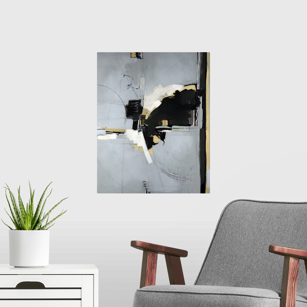 A modern room featuring Abstract artwork that has a grey background and neutral colors clustered in the center right side...