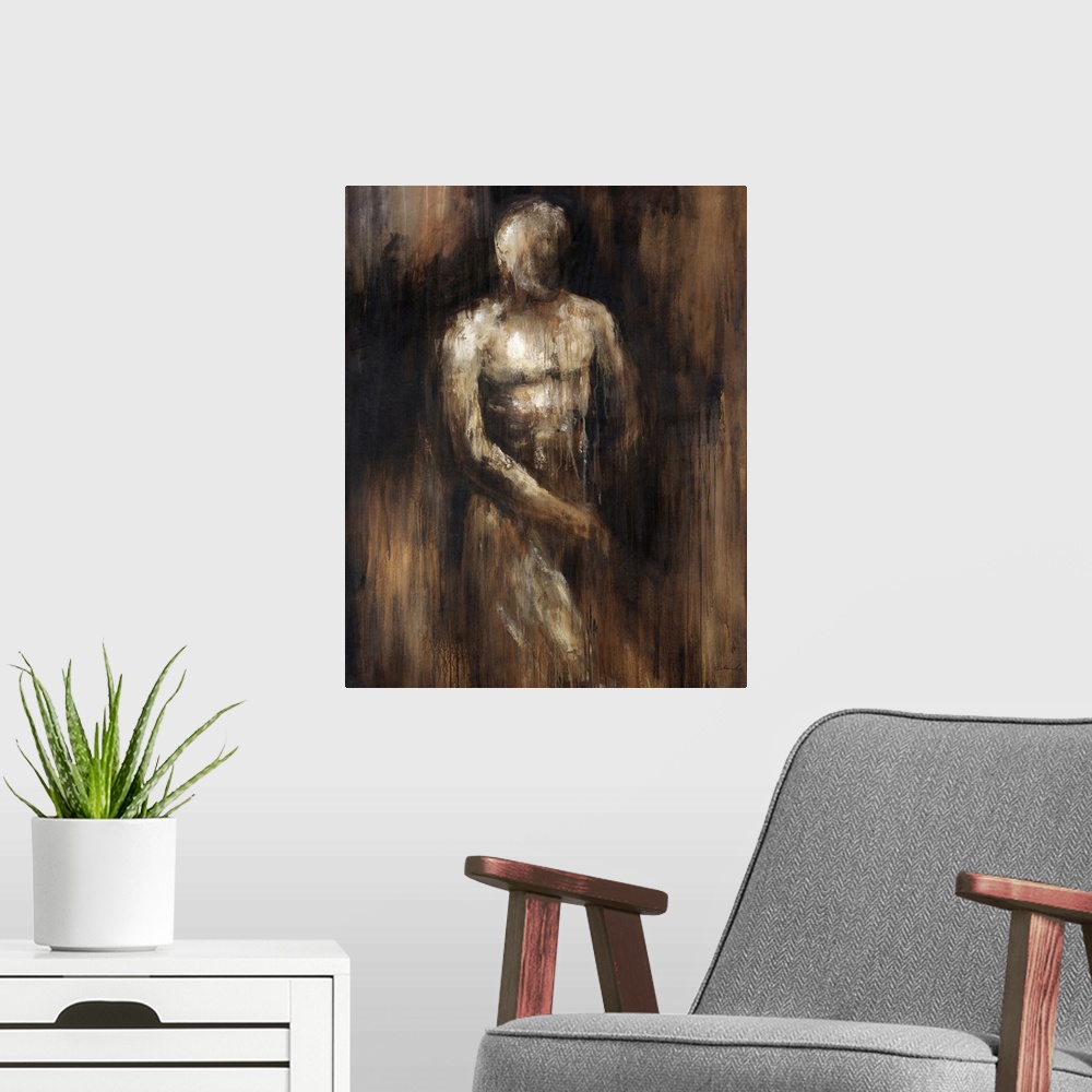A modern room featuring Abstracted painting by Sydney Edmunds of the male figure against a dark background.
