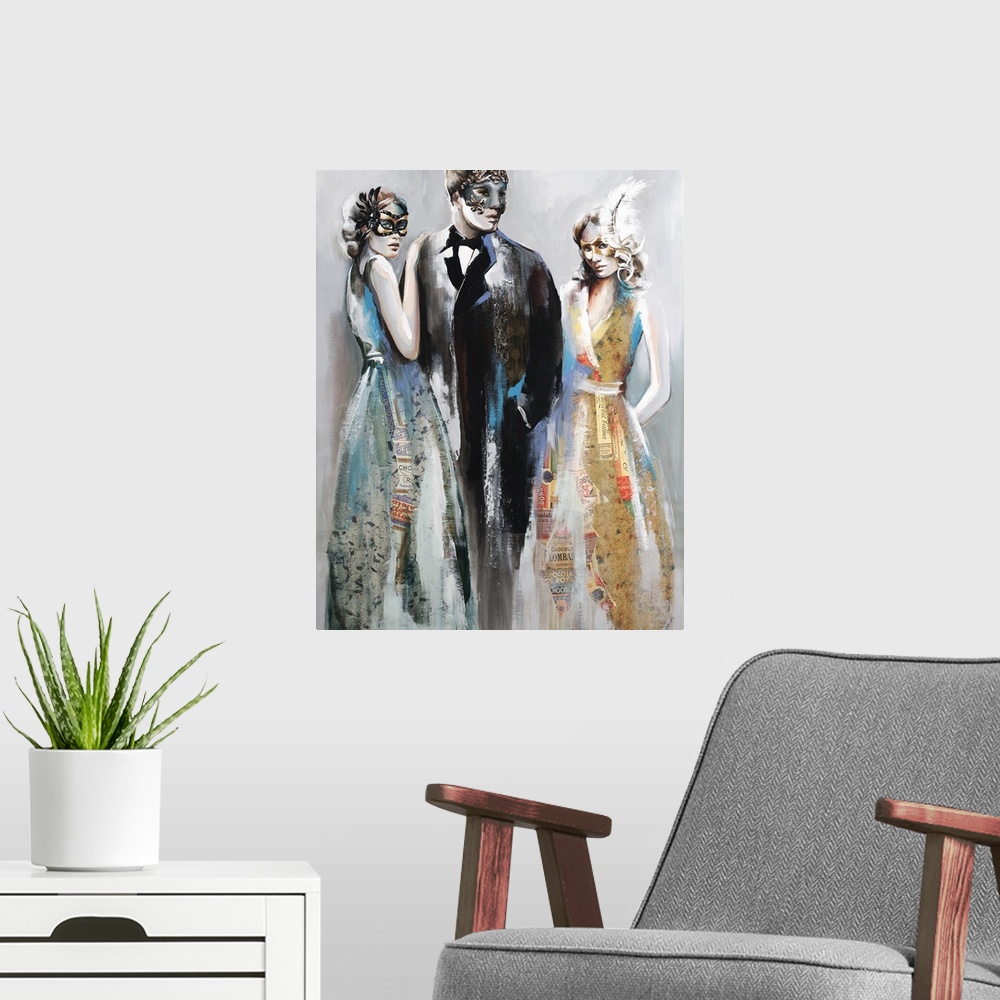 A modern room featuring Contemporary artwork created with mixed media of three people in masquerade masks dressed up for ...