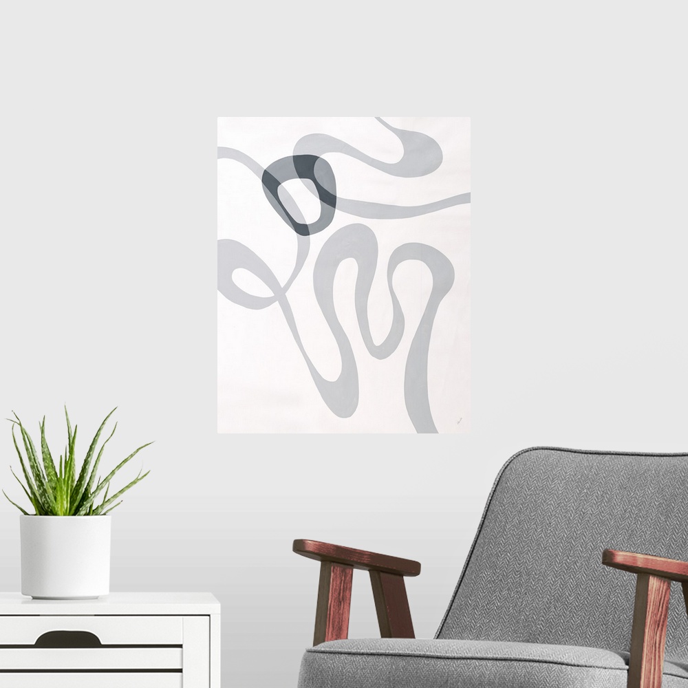 A modern room featuring Contemporary abstract painting with a mid-century style, using organic free flowing lines against...