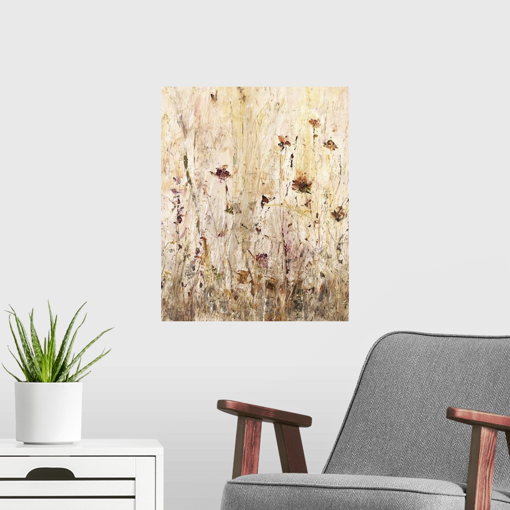 A modern room featuring Contemporary abstract painting of flowers and tall grass in earthy tones.