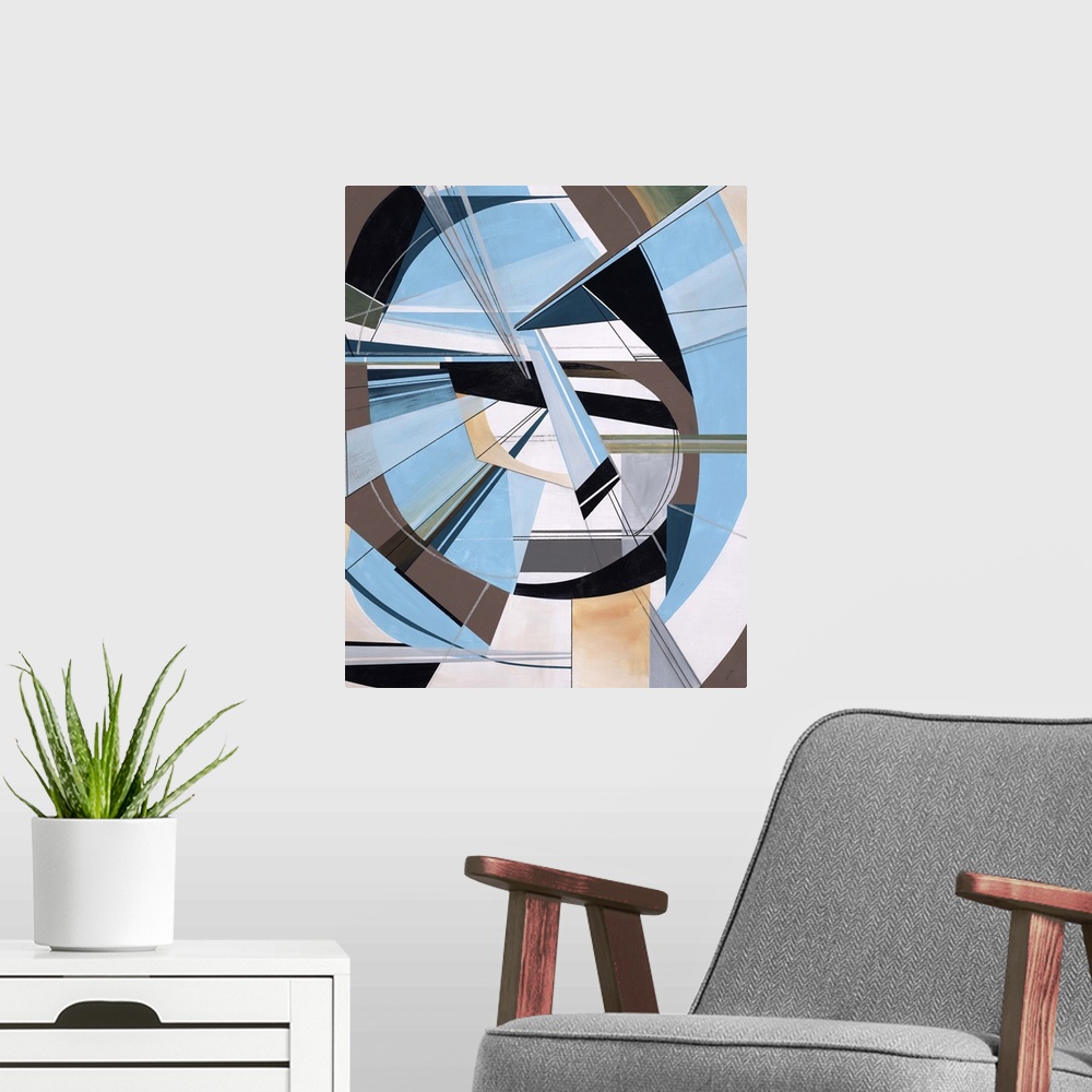 A modern room featuring Abstract painting using light blues and neutral colors with thin black lines outlining sections i...