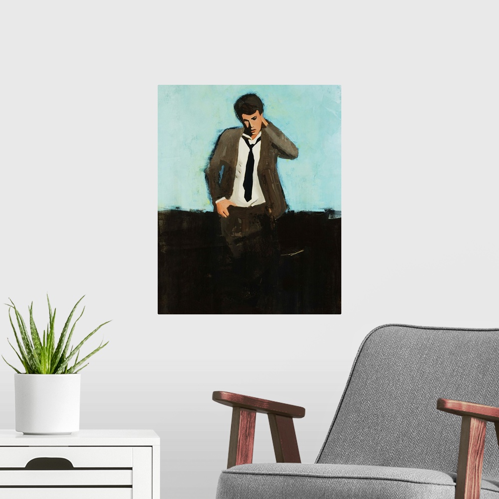 A modern room featuring Portrait painting of a man in a suit and tie, standing with one hand on hip, the other reaching t...