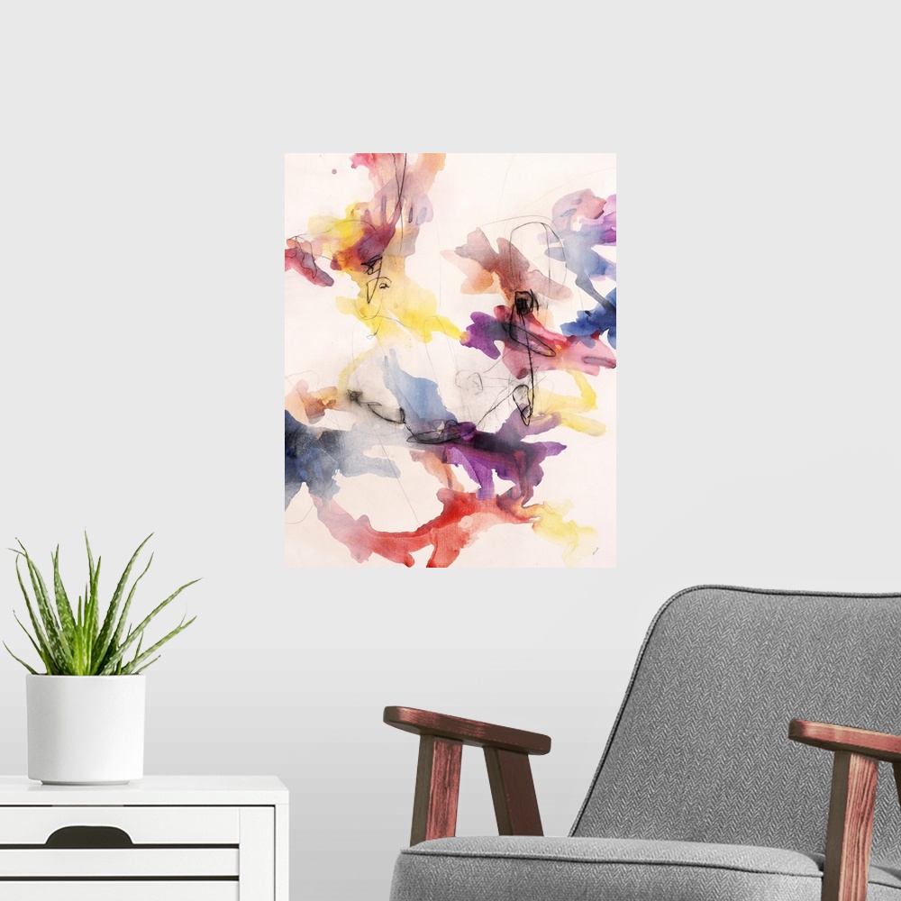 A modern room featuring Colorful abstract painting with connecting squiggly lines in various bright colors and dark, blac...