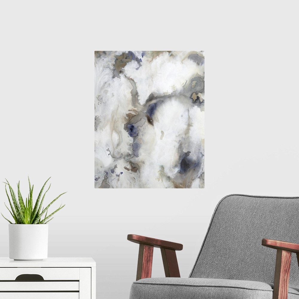 A modern room featuring Abstract painting of a textured design in shades of white and light gray with accents of brown th...
