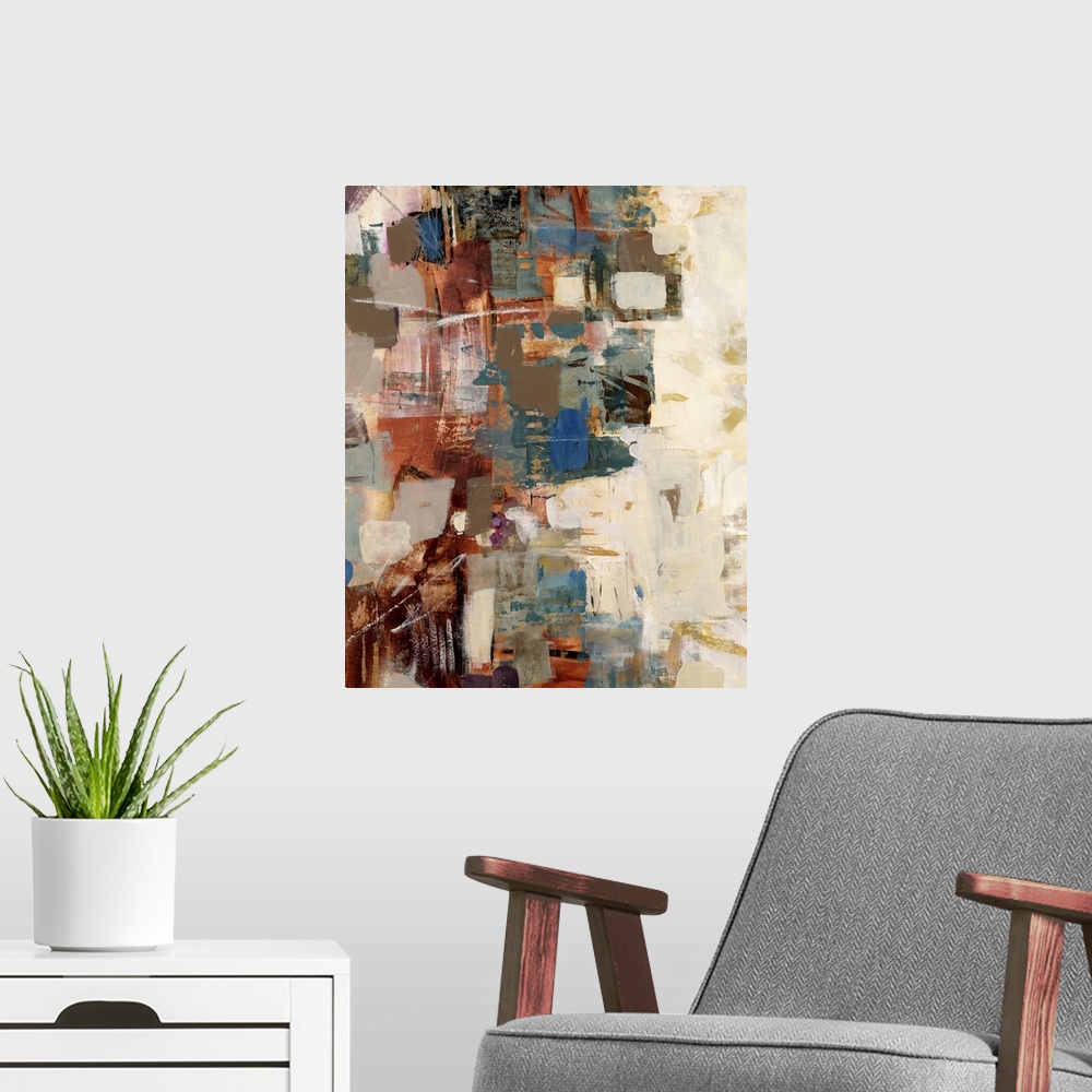 A modern room featuring Abstract painting with bold colorful paint strokes covering one half of the piece and cream color...