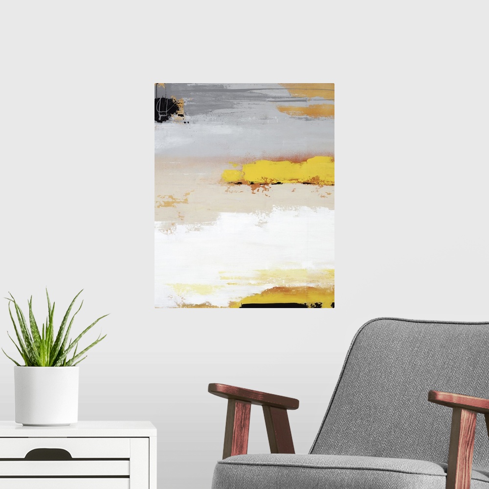 A modern room featuring A conceptual artwork of horizontal strokes of colors with bright yellow accents.