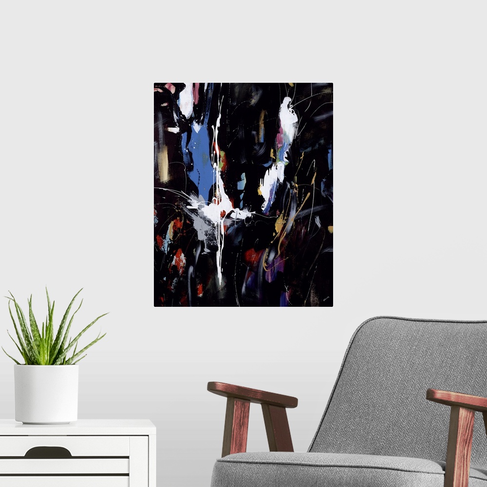 A modern room featuring Abstract painting of vibrant colors against a black background.