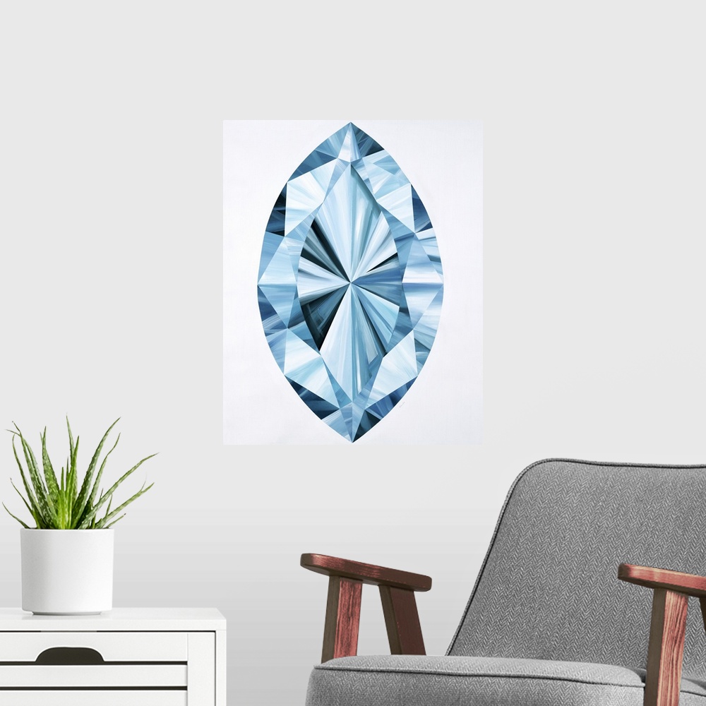 A modern room featuring A painting of a blue marquise shaped gemstone.