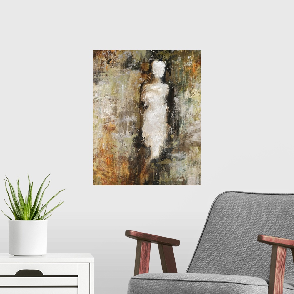 A modern room featuring Figurative painting of a vague outline of the human form, its lower half blending into the variou...