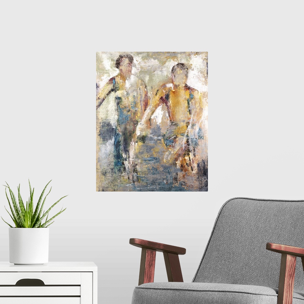 A modern room featuring Contemporary artwork of two male figures in hazy earth tones.