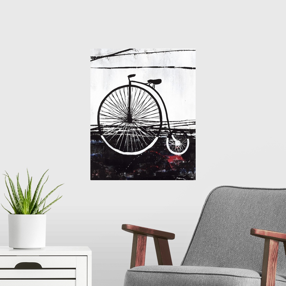 A modern room featuring Contemporary painting of a penny-farthing bicycle in black and white with small hints of red and ...