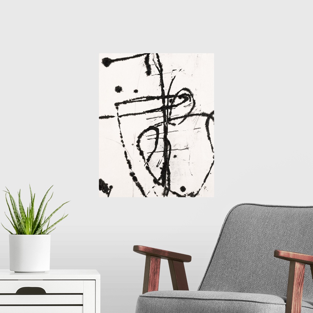 A modern room featuring Contemporary abstract painting of black painted lines against a white background.