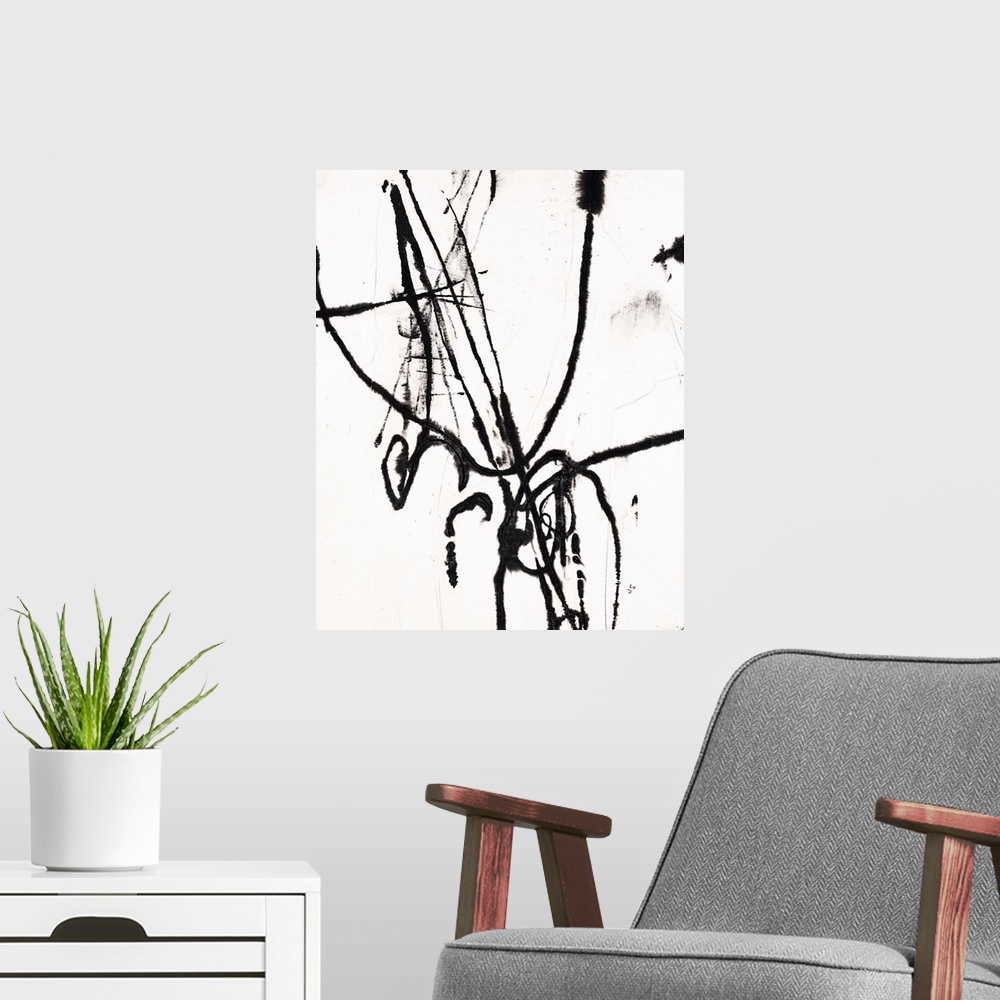 A modern room featuring Contemporary abstract painting using bold black lines against a white surface.