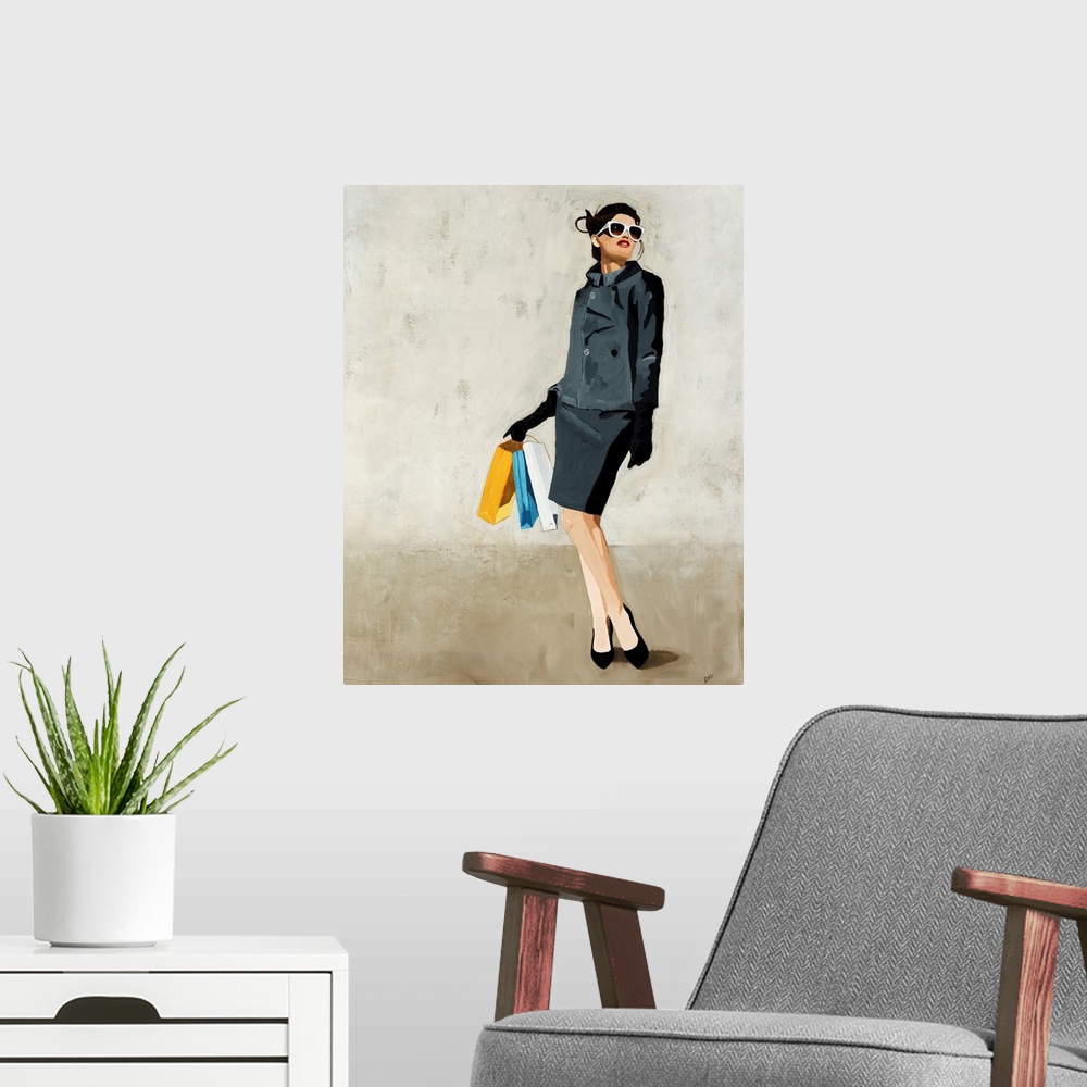 A modern room featuring Contemporary painting of a fashionable woman in a grey skirt and jacket, looking upward through l...