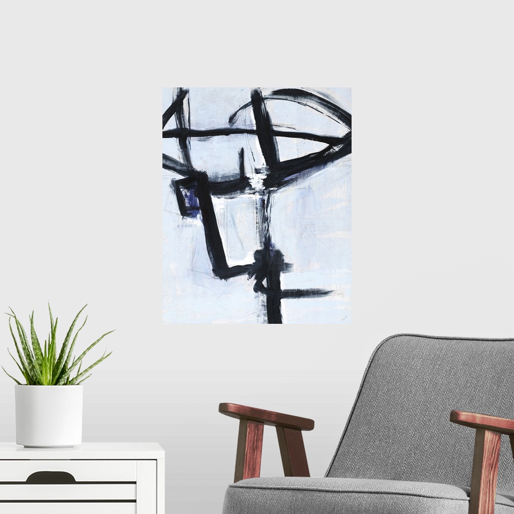 A modern room featuring Contemporary abstract artwork with lined movement in black on a light blue background.