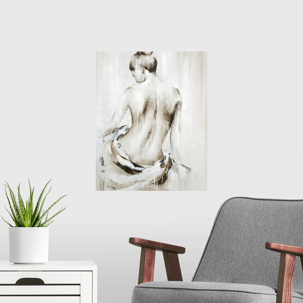 A modern room featuring Contemporary painting of the backside of a nude woman with a cloth wrapped around her bottom part...