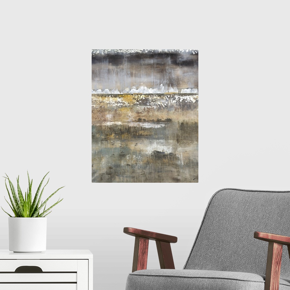 A modern room featuring Layered contemporary abstract painting with gold, brown, white, and gray hues.